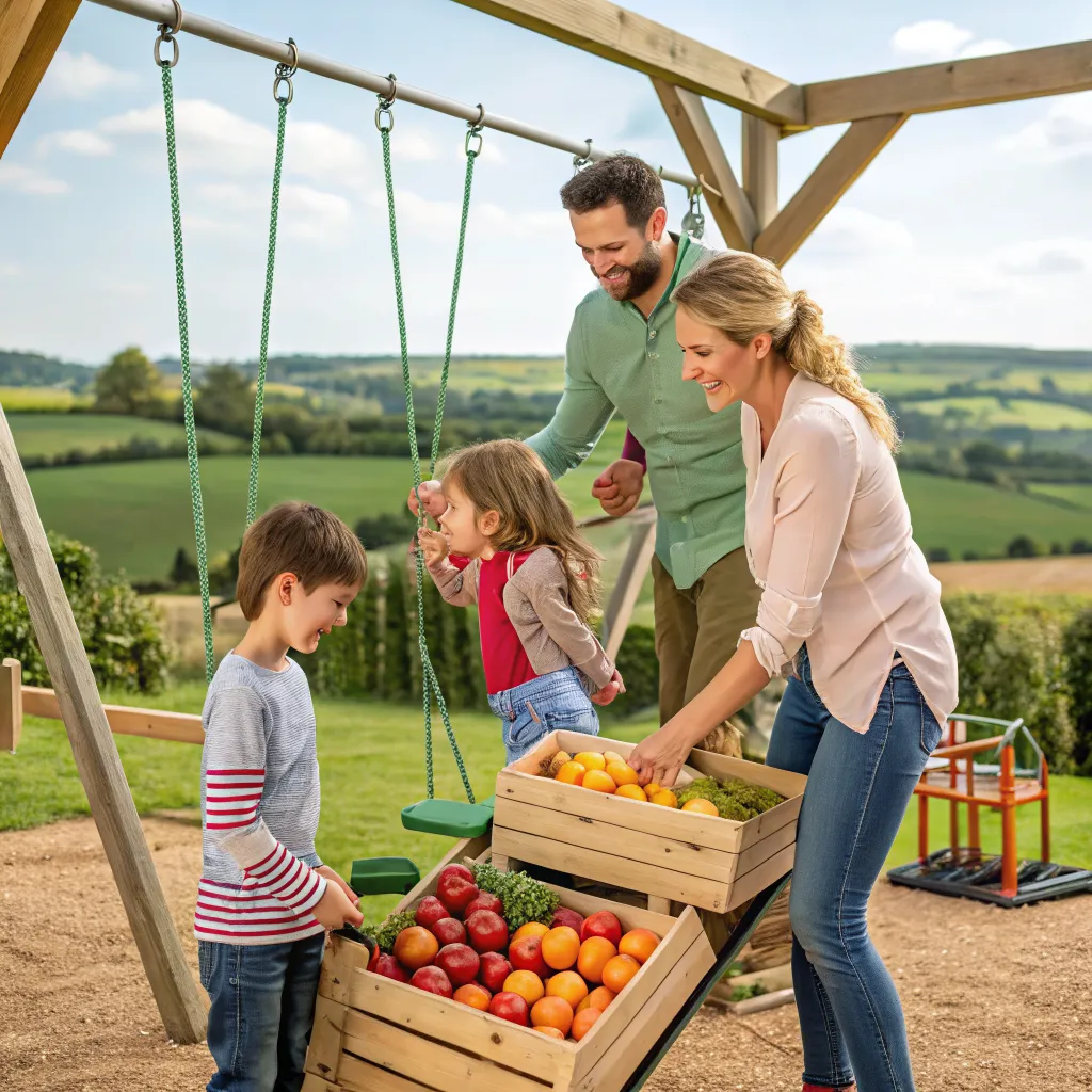 Family enjoying activities at the farm shop and outdoor play area